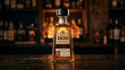 1800 Tequila Reposado bottle on a dark bar.