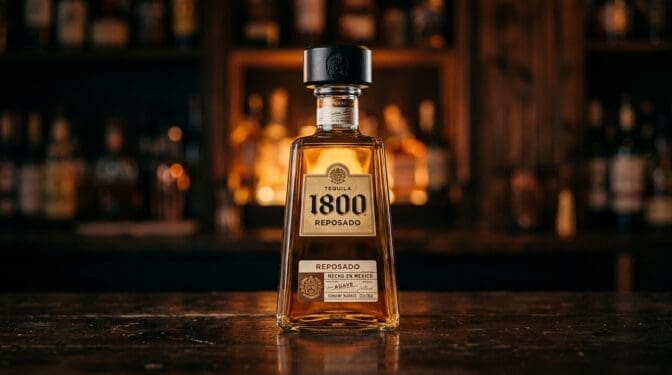 1800 Tequila Reposado bottle on a dark bar.