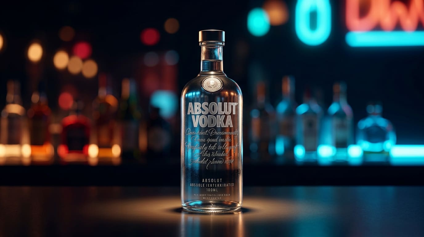 Absolut Vodka bottle on a dark bar.