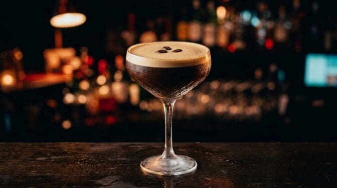 Dark espresso martini with creamy foam and three coffee beans