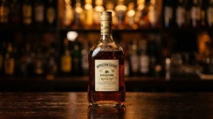 Appleton Estate Signature Jamaican rum bottle on a dark bar.