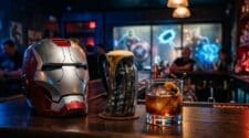 Iron Man helmet, Norse mead horn and bourbon old fashioned on a superhero-themed bar