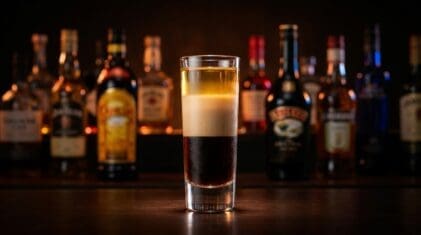 B-52 layered shot with three distinct layers of Kahlua, Baileys and Grand Marnier in a shot glass
