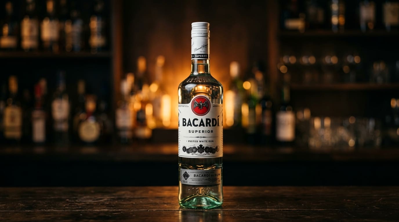 Bacardi Superior white rum bottle on a dark bar.