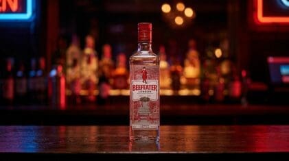 Beefeater London Dry gin bottle on a dark bar.
