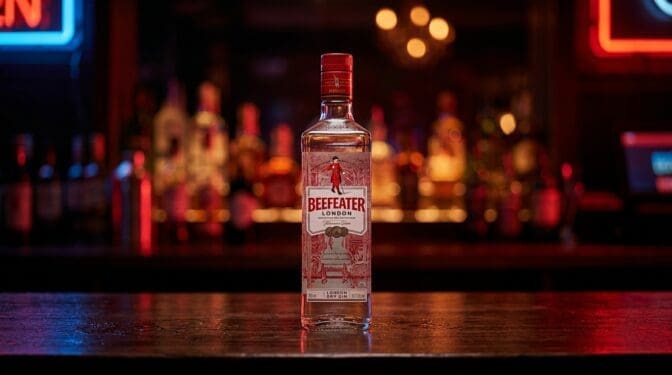 Beefeater London Dry gin bottle on a dark bar.