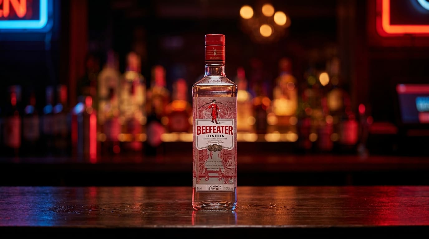 Beefeater London Dry gin bottle on a dark bar.
