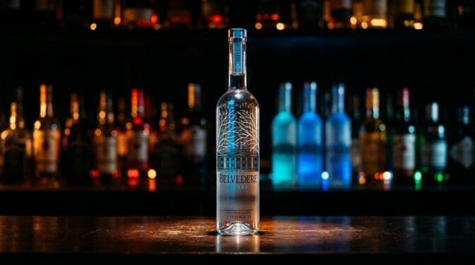 Belvedere Vodka bottle on a dark bar.