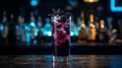 Black Pussy cocktail: deep purple highball with blackberry garnish.