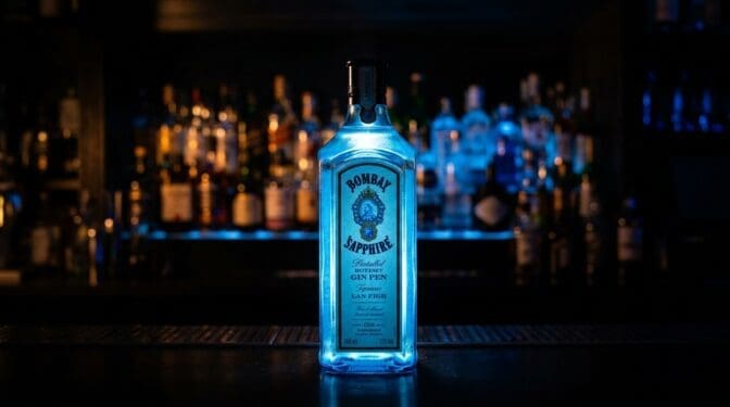 Bombay Sapphire gin bottle: blue glass, embossed botanicals.