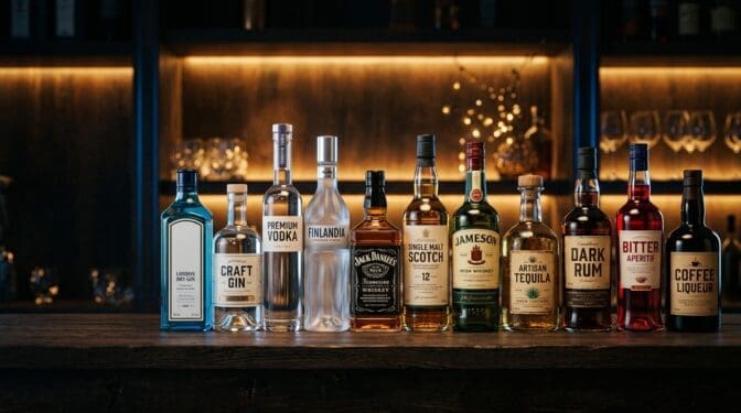 A collection of premium cocktail bottles arranged on a dark wooden bar shelf with moody backlighting.