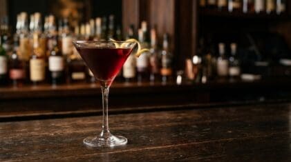 Bram Stokers Dracula blood-red martini with a lemon twist