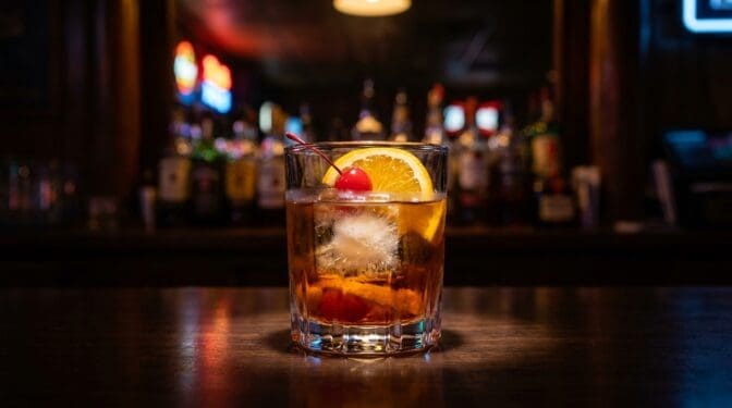 Brandy Old Fashioned cocktail in a rocks glass with brandy, muddled orange and cherry, large ice cube