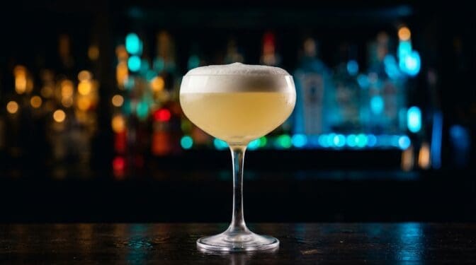 Broken Plane cocktail: gin, elderflower, lemon, egg white in a coupe.