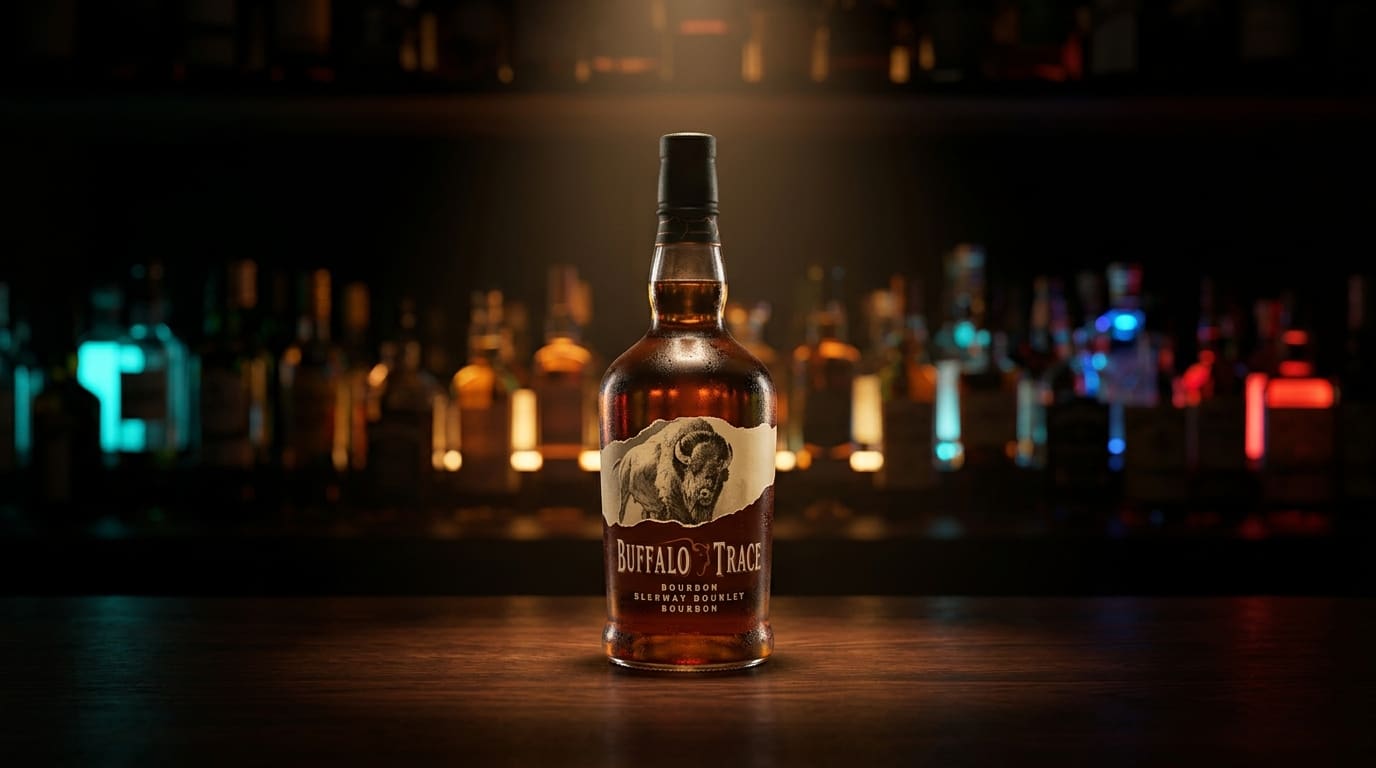 Buffalo Trace bourbon bottle on a dark bar.