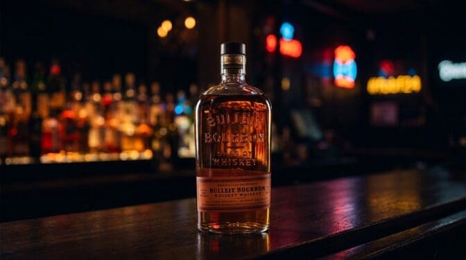 Bulleit Bourbon bottle on a dark bar.