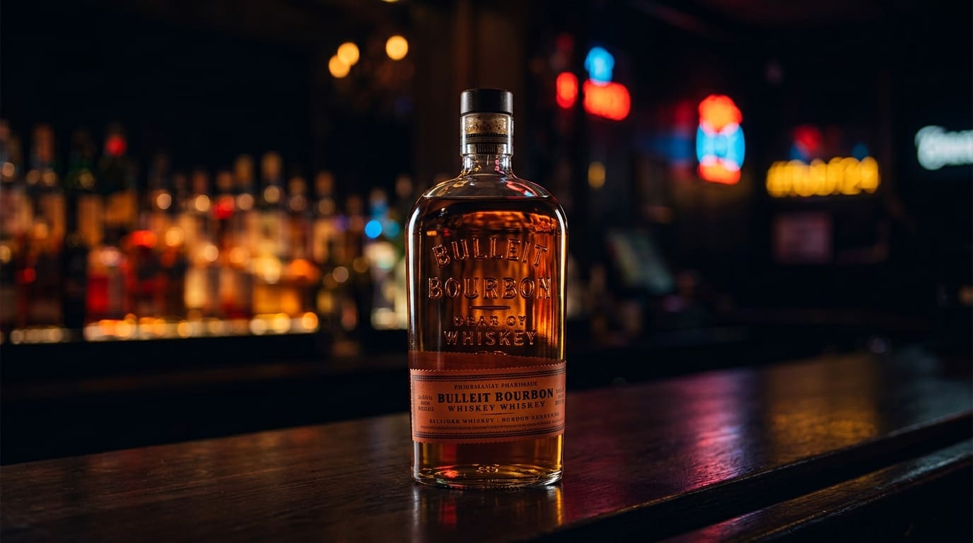 Bulleit Bourbon bottle on a dark bar.