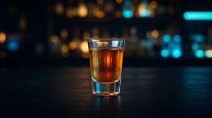 Buttsex shot: butterscotch and Crown Royal whisky in a shot glass.