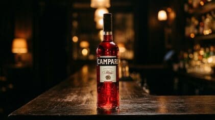 Campari Italian bitter aperitif bottle on a dark bar.