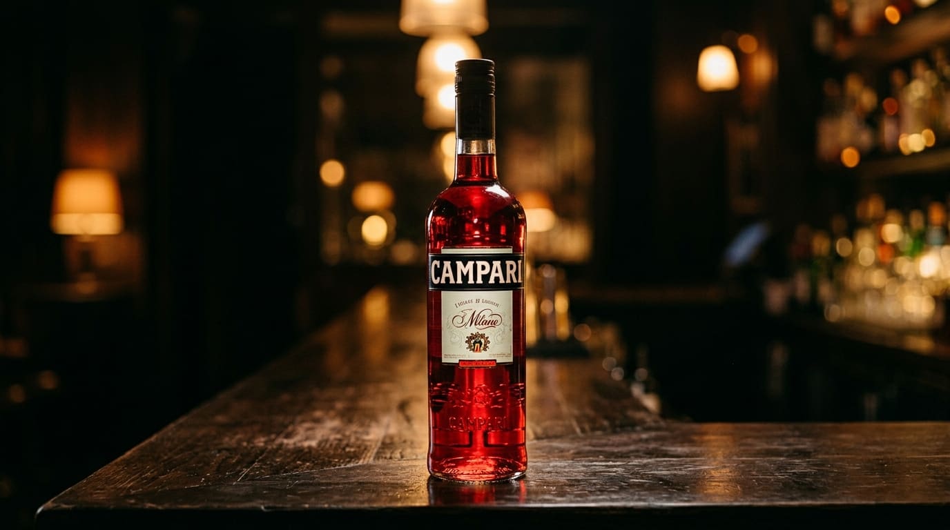 Campari Italian bitter aperitif bottle on a dark bar.
