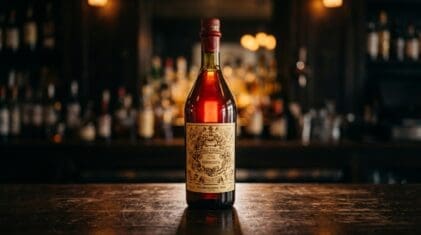 Carpano Antica Formula sweet vermouth bottle on a dark bar.