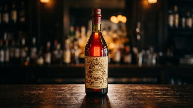 Carpano Antica Formula sweet vermouth bottle on a dark bar.