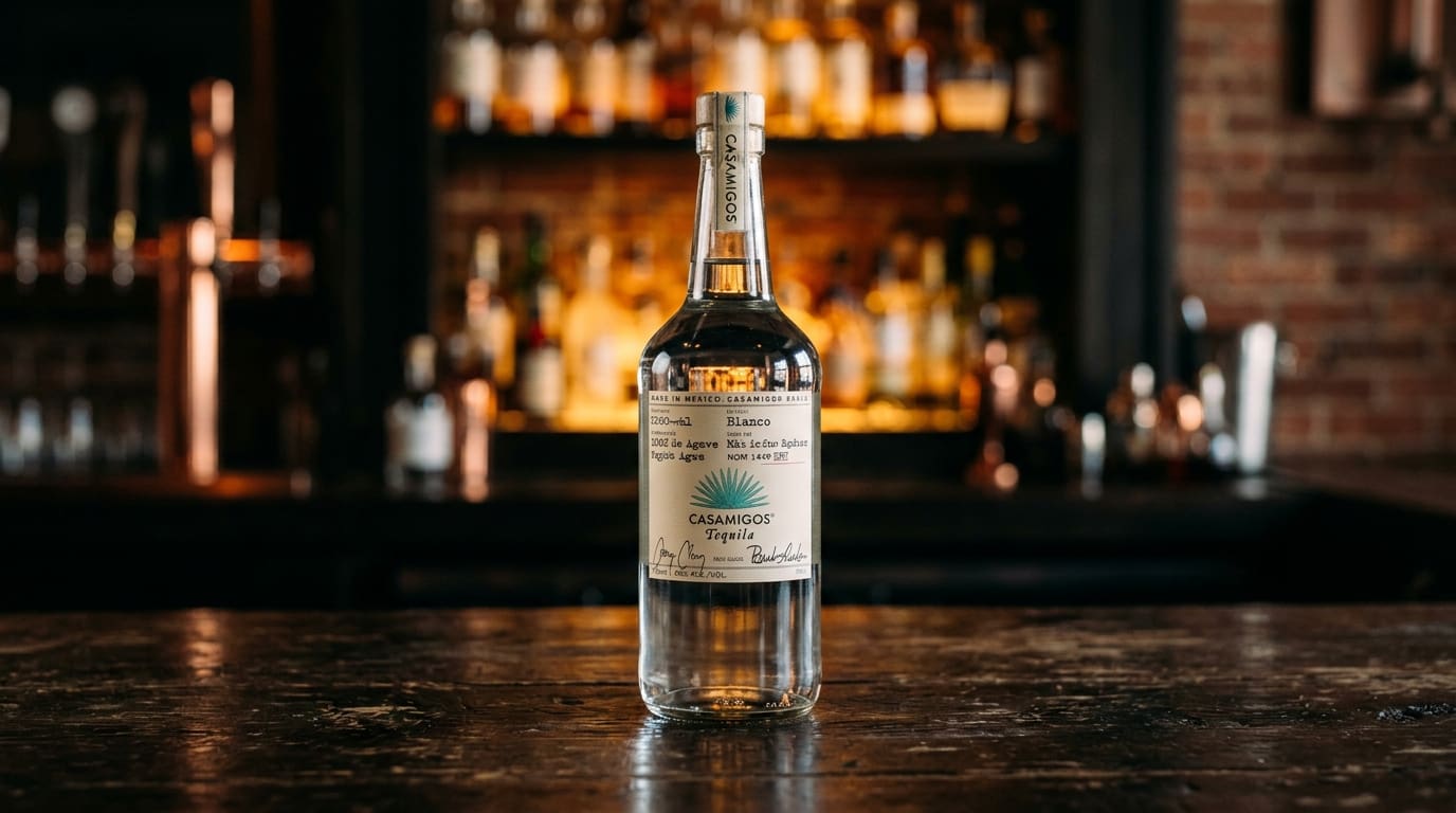 Casamigos Blanco tequila bottle on a dark bar.
