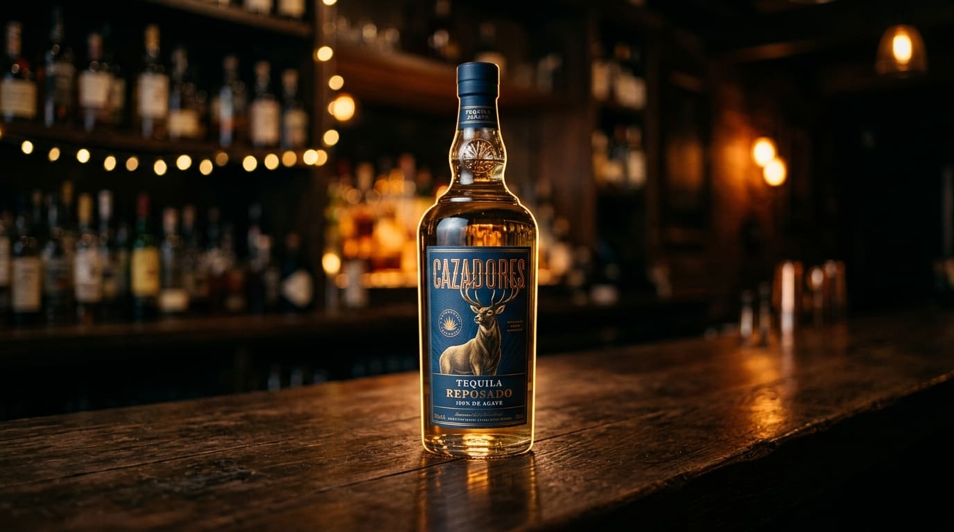Cazadores Reposado tequila bottle on a dark bar.