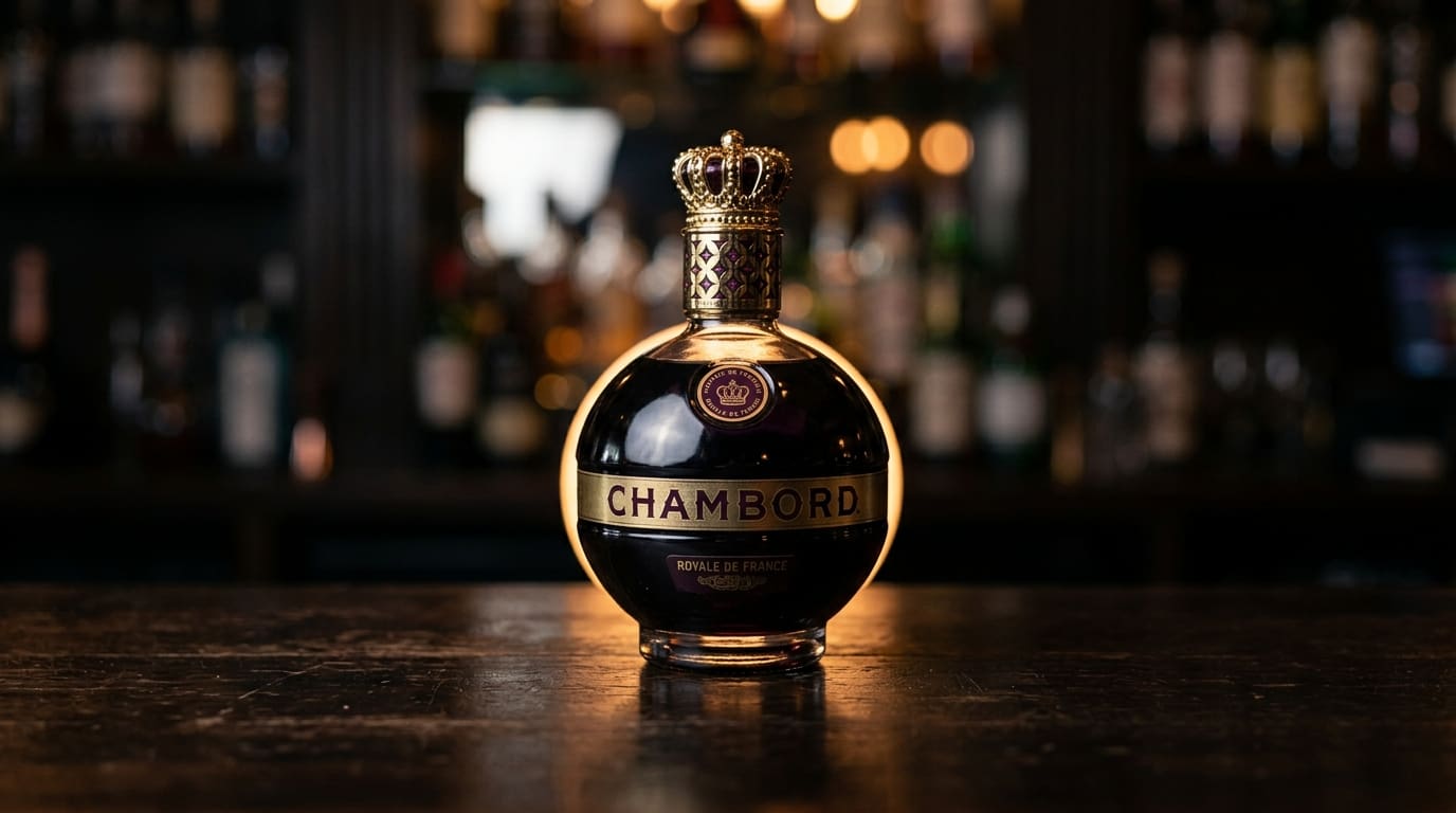 Chambord raspberry liqueur bottle with crown-style stopper on a dark bar.