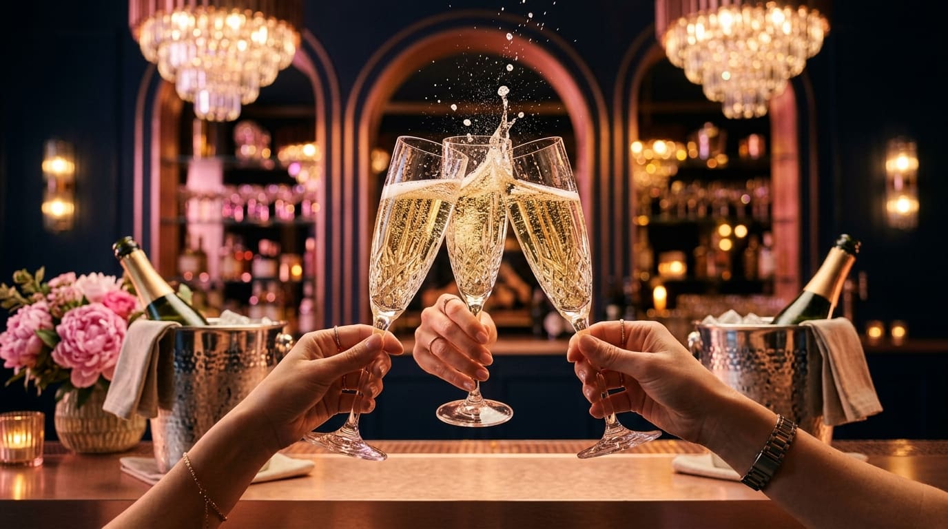 Three flutes toasting at a luxe private bar