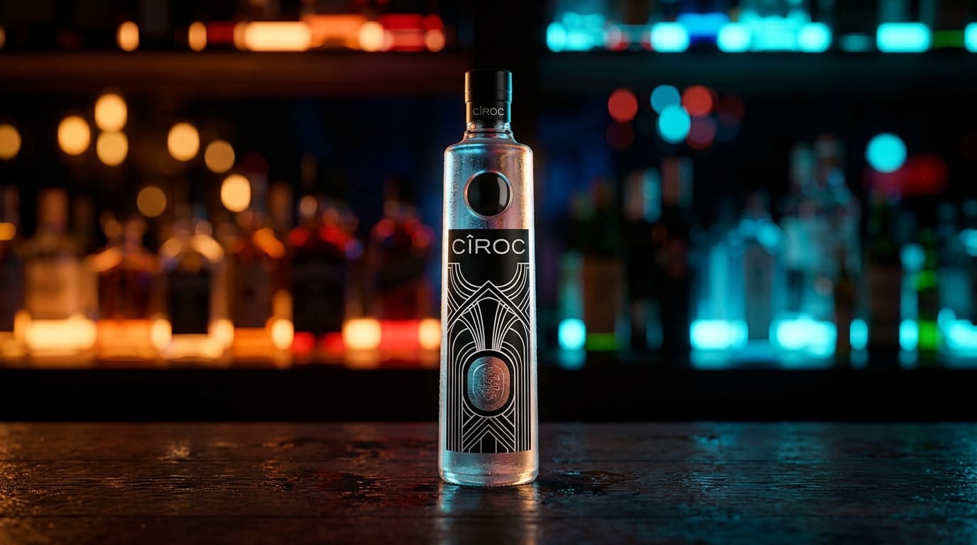 Ciroc Vodka bottle on a dark bar.