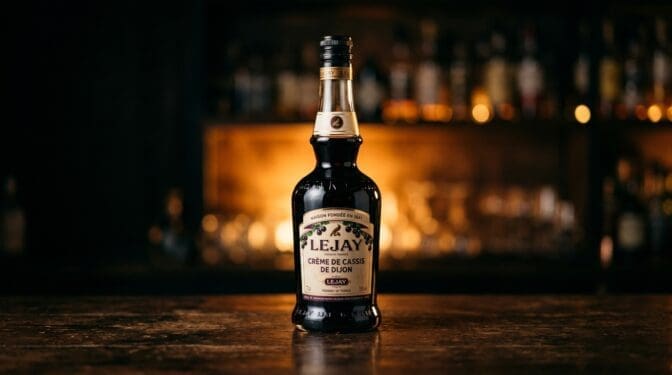 Lejay Crème de Cassis blackcurrant liqueur bottle on a dark bar.