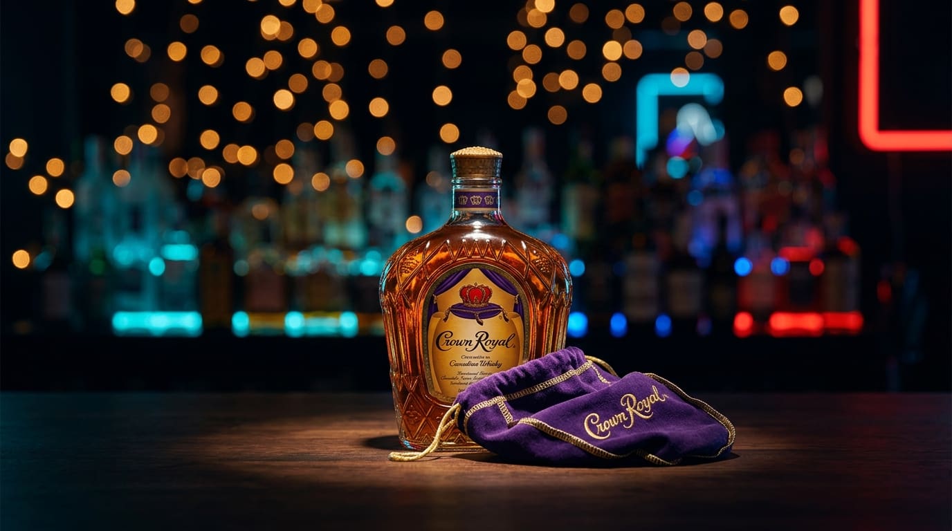 Crown Royal Canadian Whisky bottle in its purple velvet bag.