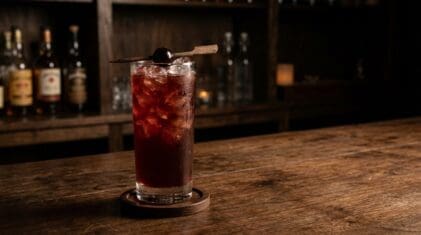 Crows Nest cocktail in a highball glass with a black cherry garnish