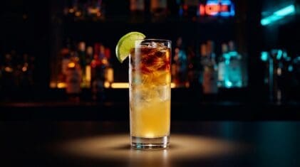 Dark and Stormy cocktail in a tall glass with dark rum floated over ginger beer, fresh lime wedge garnish