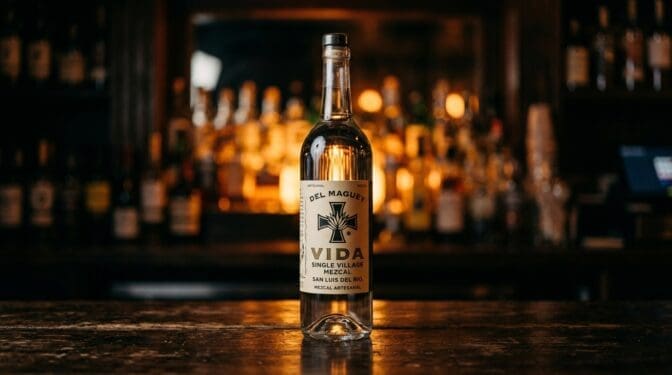 Del Maguey Vida mezcal bottle on a dark bar.