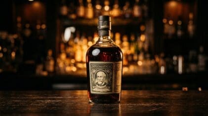 Diplomatico Reserva Exclusiva Venezuelan rum bottle on a dark bar.