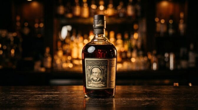 Diplomatico Reserva Exclusiva Venezuelan rum bottle on a dark bar.