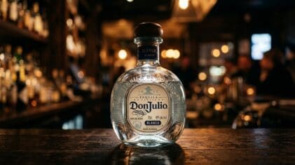 Don Julio Blanco tequila bottle on a dark bar.