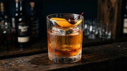 Acid Bomb cocktail in rocks glass with clear ice