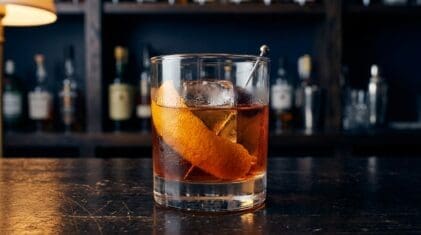 Ale Flip cocktail in rocks glass with clear ice