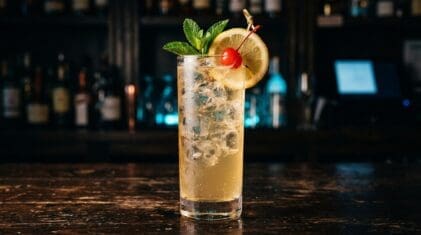 Aloha Fruit Punch cocktail in tall highball glass with ice