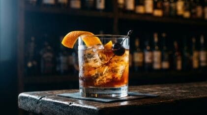 Apples and Oranges cocktail in rocks glass with clear ice