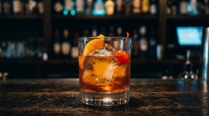 Arctic Mouthwash cocktail in rocks glass with clear ice