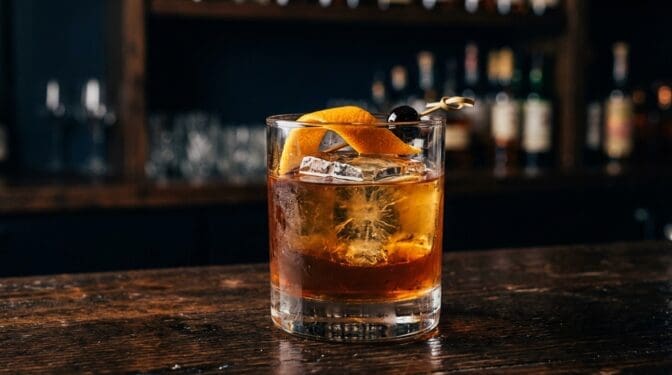 Atomic Bomb cocktail in rocks glass with clear ice