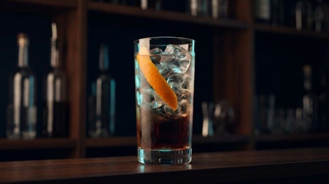 Aztec Punch cocktail in tall highball glass with ice