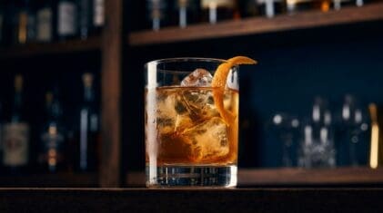 Backfire On The Freeway cocktail in rocks glass with clear ice