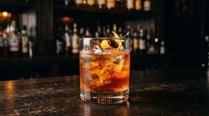 Bite Me cocktail in rocks glass with clear ice