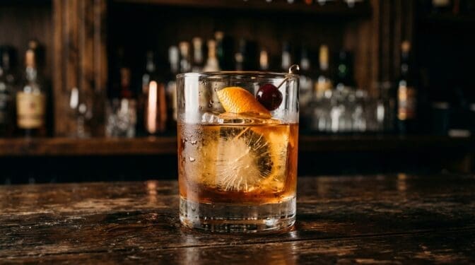 Boilermaker cocktail in rocks glass with clear ice