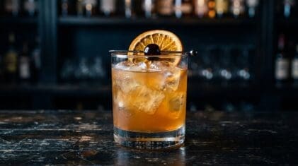 Canadian Cider cocktail in rocks glass with clear ice